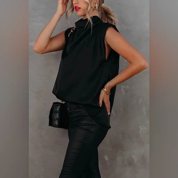 🔥HOT🔥NWT Rachel Zoe Black Satin Mock Drape Neck Top Sz XL - Picture 3 of 13